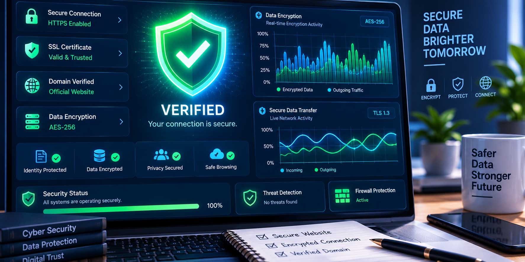 Digital security verification badge glowing on a computer screen alongside encryption graphs