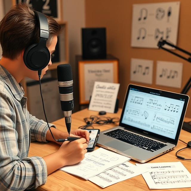 Educational music learning setup using repetition, notes, and audio equipment