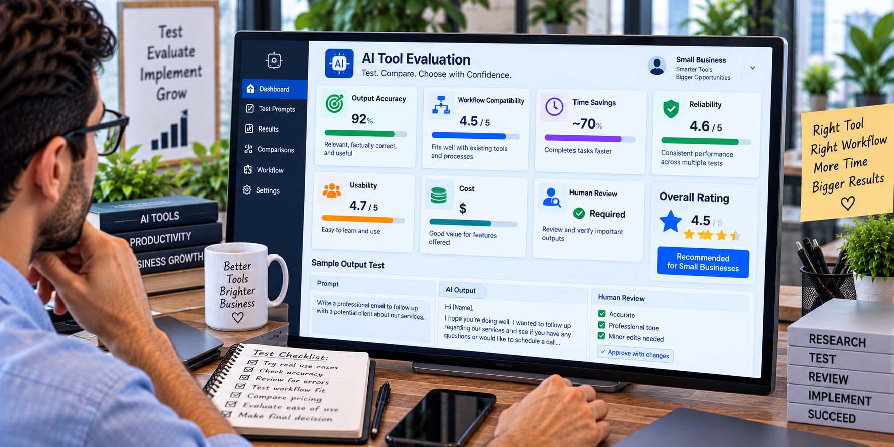 Business owner evaluating AI tools for business based on accuracy, workflow fit, reliability, and cost