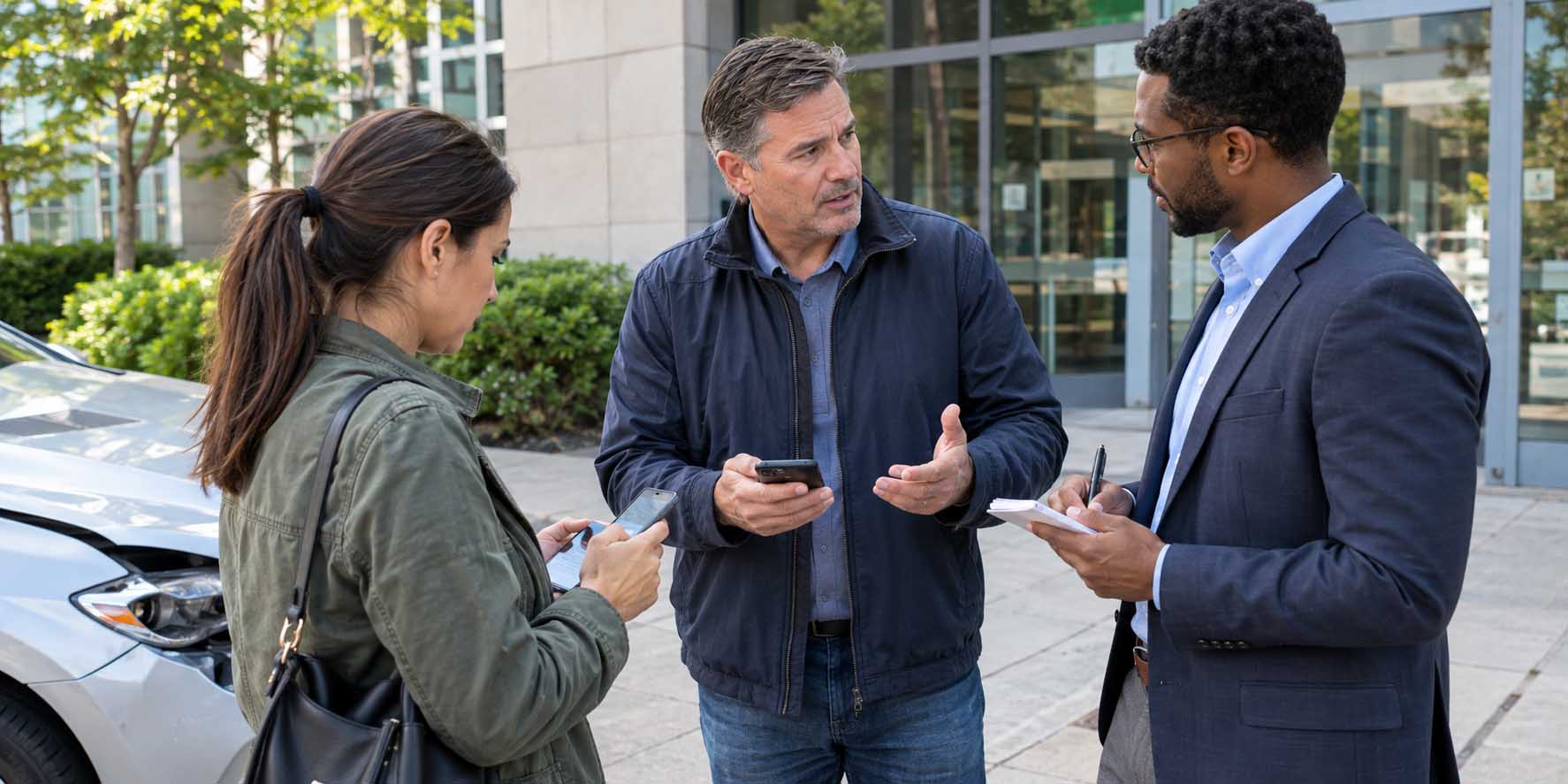 Pedestrian collecting witness information after an injury near a commercial building entrance.
